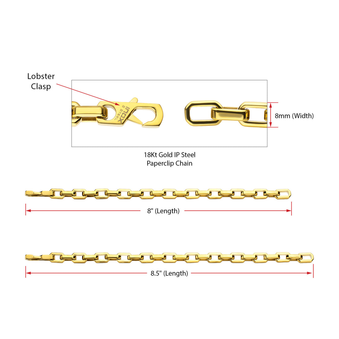 8mm Polished Finish 18Kt Gold IP Steel Paperclip Chain Bracelet