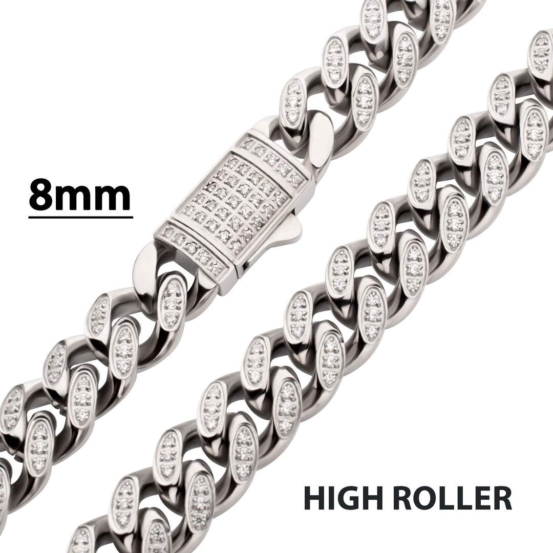 8mm Stainless Steel Miami Cuban Chain Necklace with 1mm CNC Set Clear Cubic Zirconia