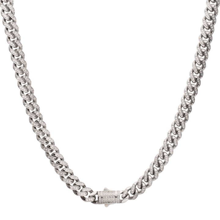 8mm Stainless Steel Miami Cuban Chain Necklace with 1mm CNC Set Clear Cubic Zirconia