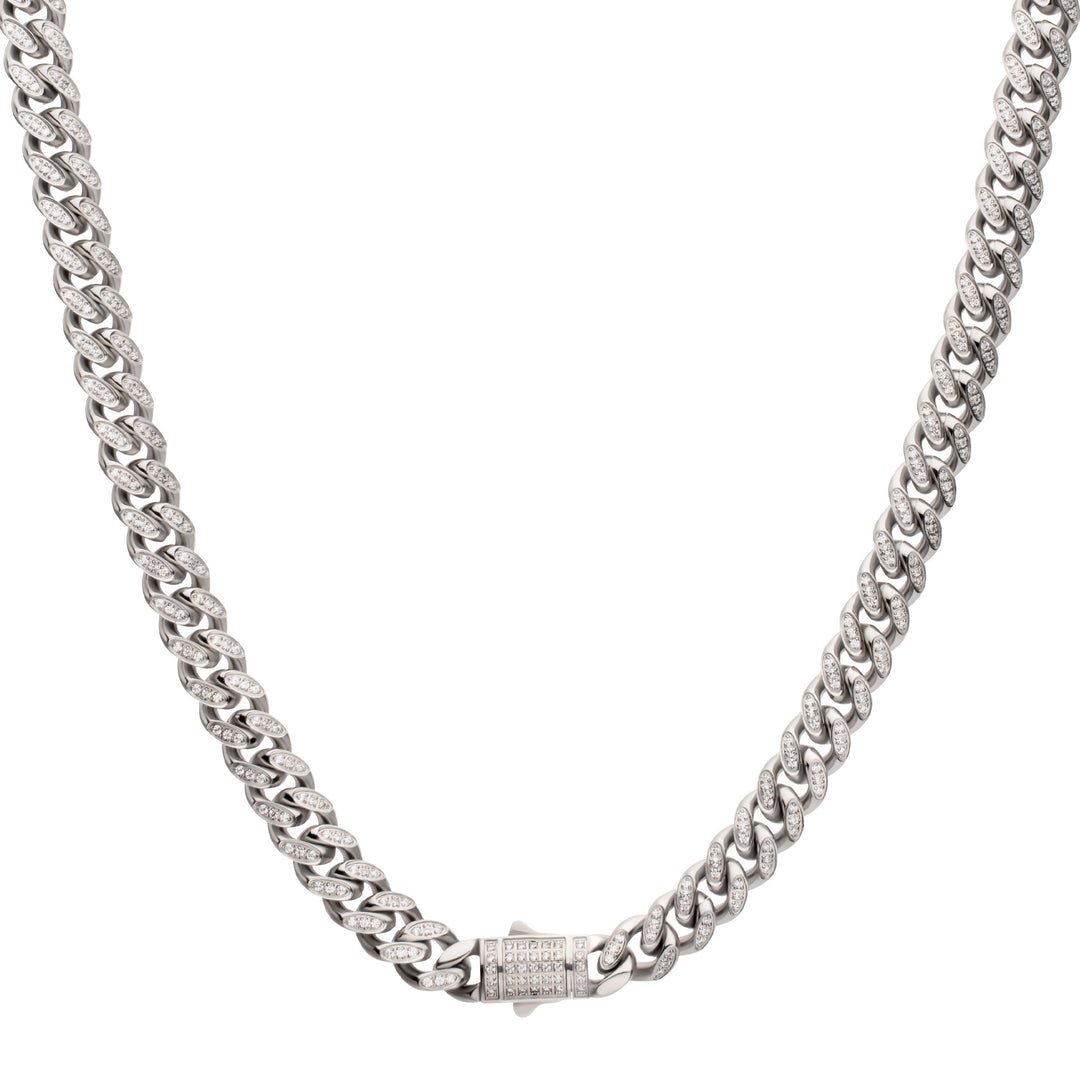 8mm Stainless Steel Miami Cuban Chain Necklace with 1mm CNC Set Clear Cubic Zirconia