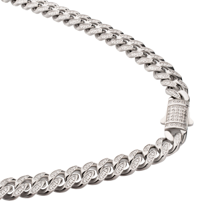 8mm Stainless Steel Miami Cuban Chain Necklace with 1mm CNC Set Clear Cubic Zirconia