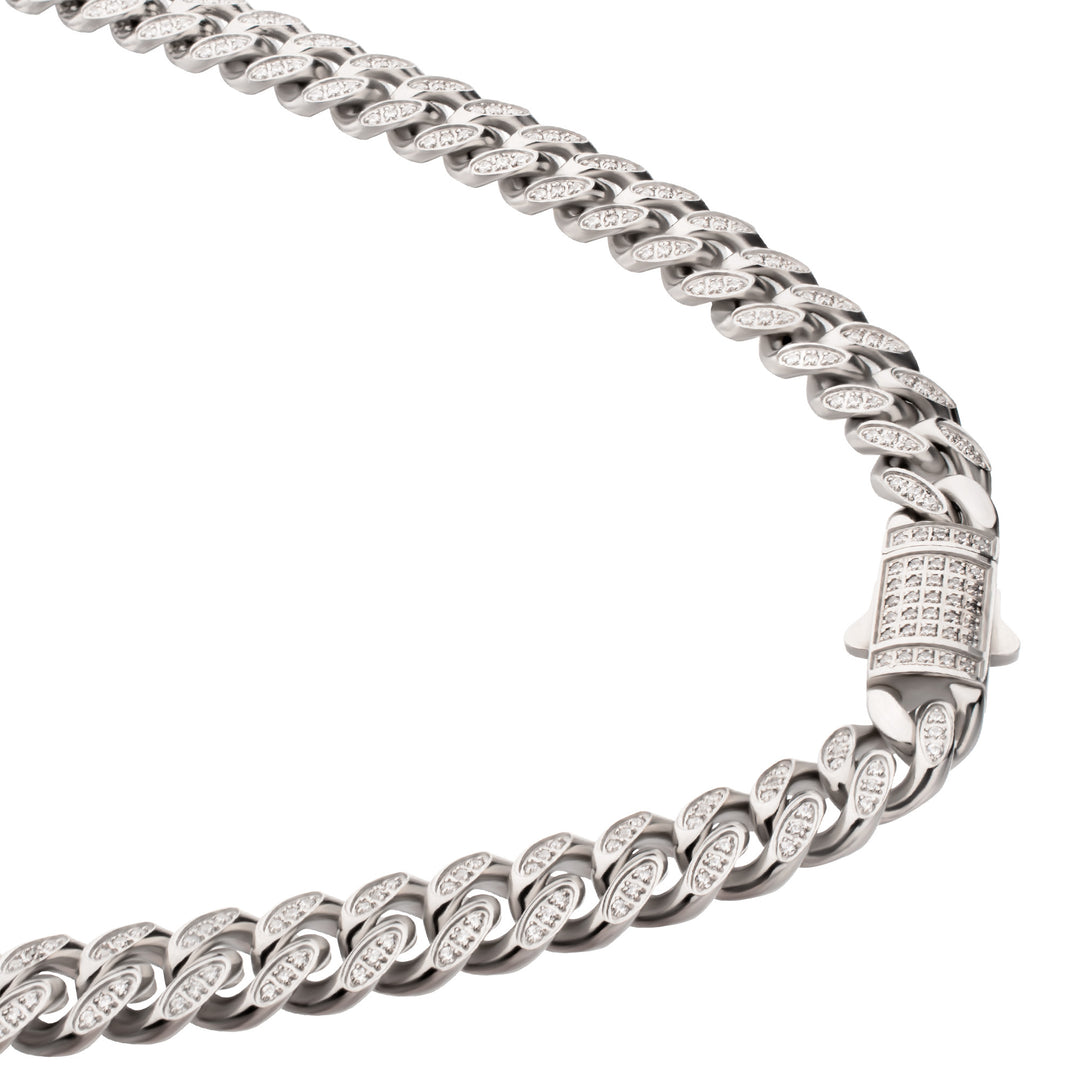8mm Stainless Steel Miami Cuban Chain Necklace with 1mm CNC Set Clear Cubic Zirconia
