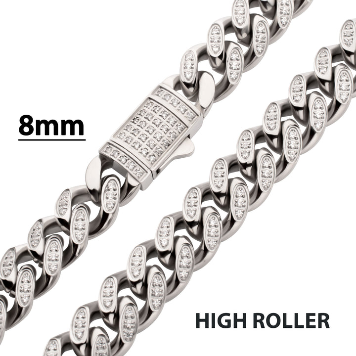 8mm Stainless Steel Miami Cuban Chain Necklace with 1mm CNC Set Clear Cubic Zirconia