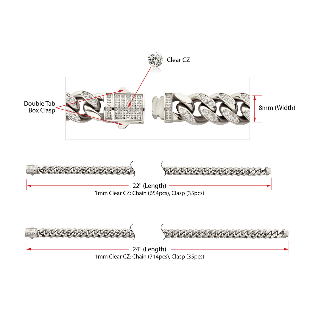 8mm Stainless Steel Miami Cuban Chain Necklace with 1mm CNC Set Clear Cubic Zirconia