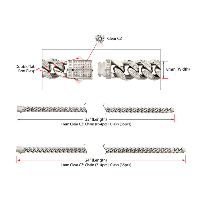 8mm Stainless Steel Miami Cuban Chain Necklace with 1mm CNC Set Clear Cubic Zirconia