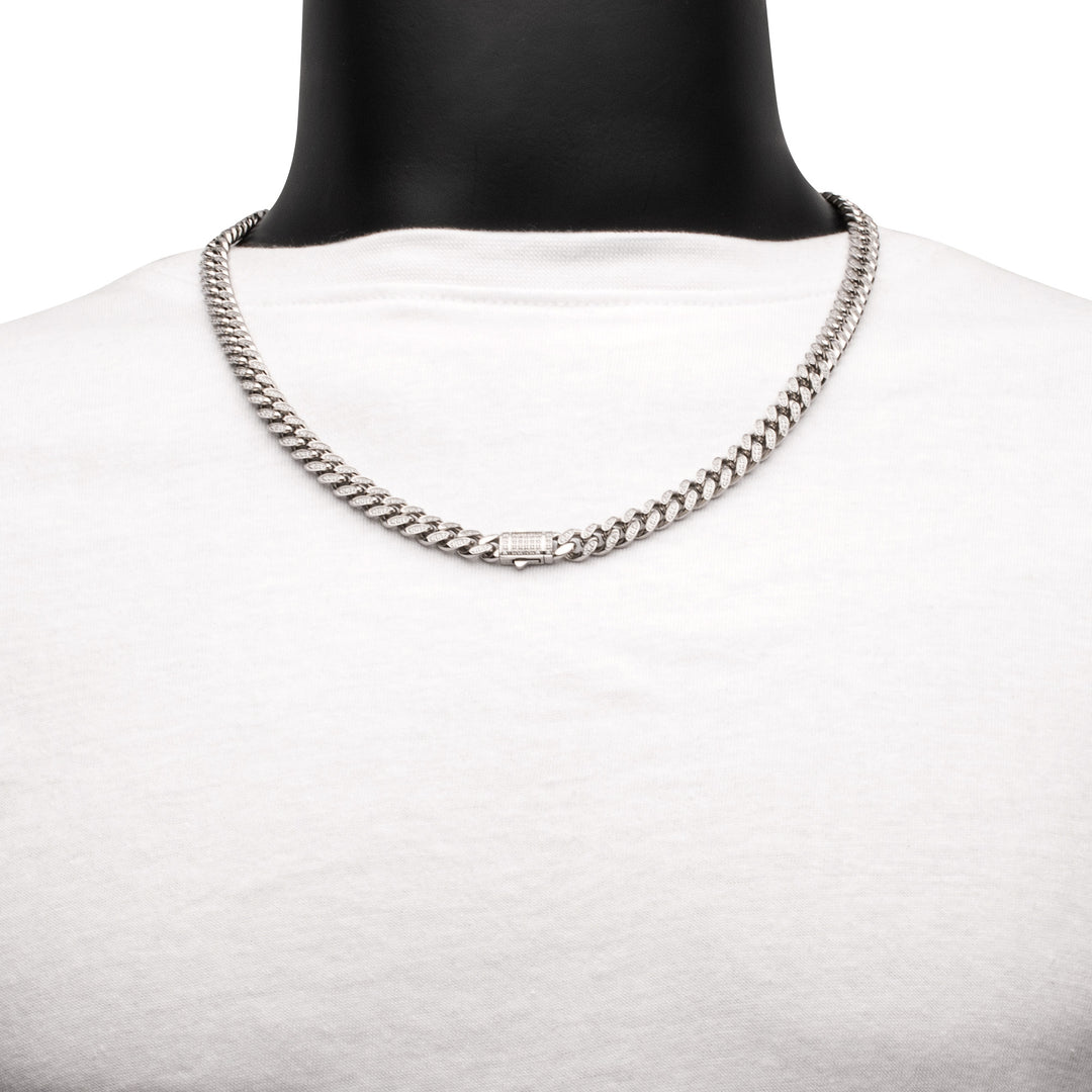 8mm Stainless Steel Miami Cuban Chain Necklace with 1mm CNC Set Clear Cubic Zirconia