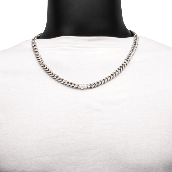 8mm Stainless Steel Miami Cuban Chain Necklace with 1mm CNC Set Clear Cubic Zirconia
