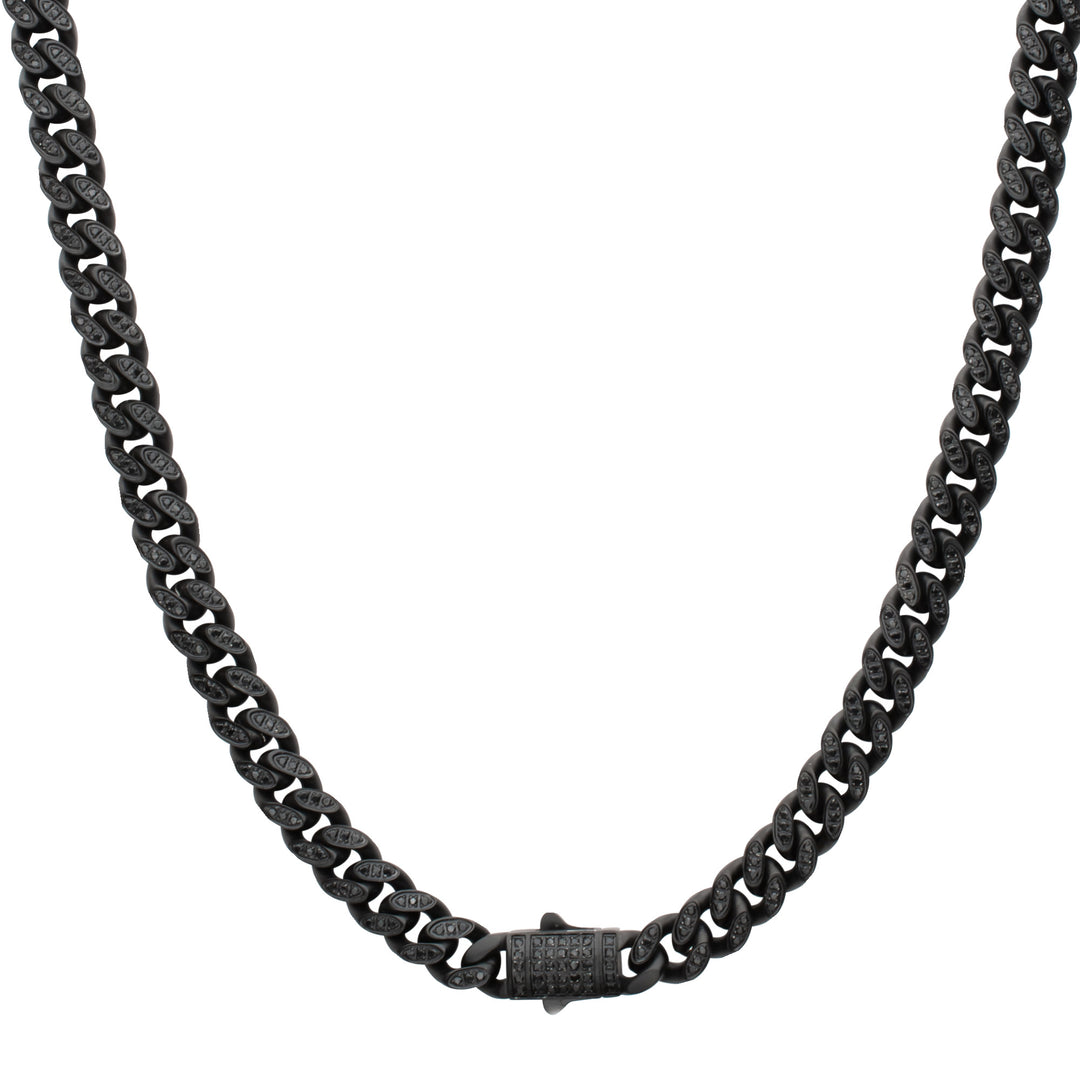 8mm Black IP Steel Miami Cuban Chain Necklace with 1mm CNC Set Black Spinel