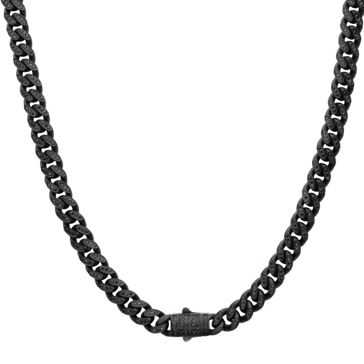 8mm Black IP Steel Miami Cuban Chain Necklace with 1mm CNC Set Black Spinel