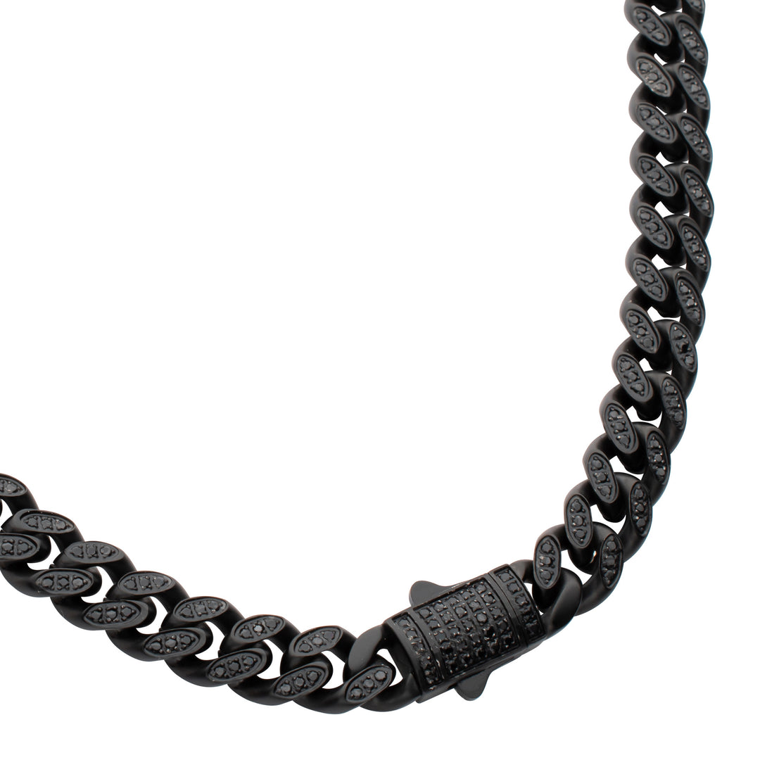 8mm Black IP Steel Miami Cuban Chain Necklace with 1mm CNC Set Black Spinel