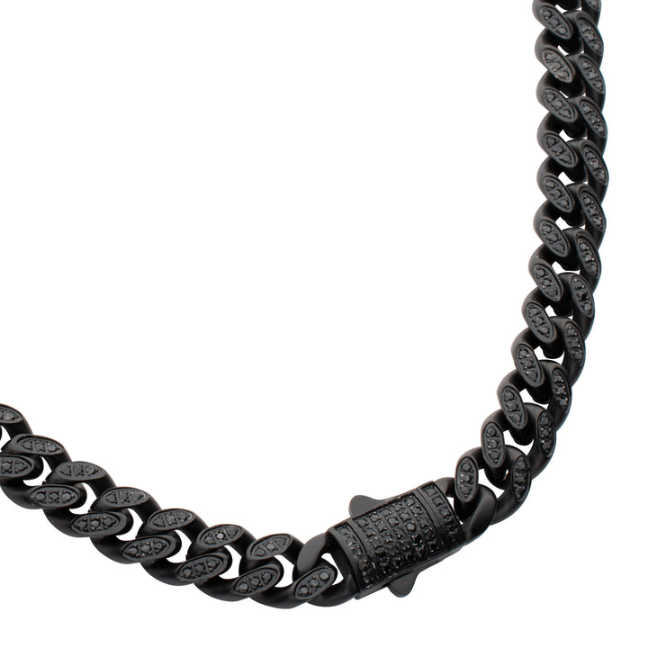 8mm Black IP Steel Miami Cuban Chain Necklace with 1mm CNC Set Black Spinel