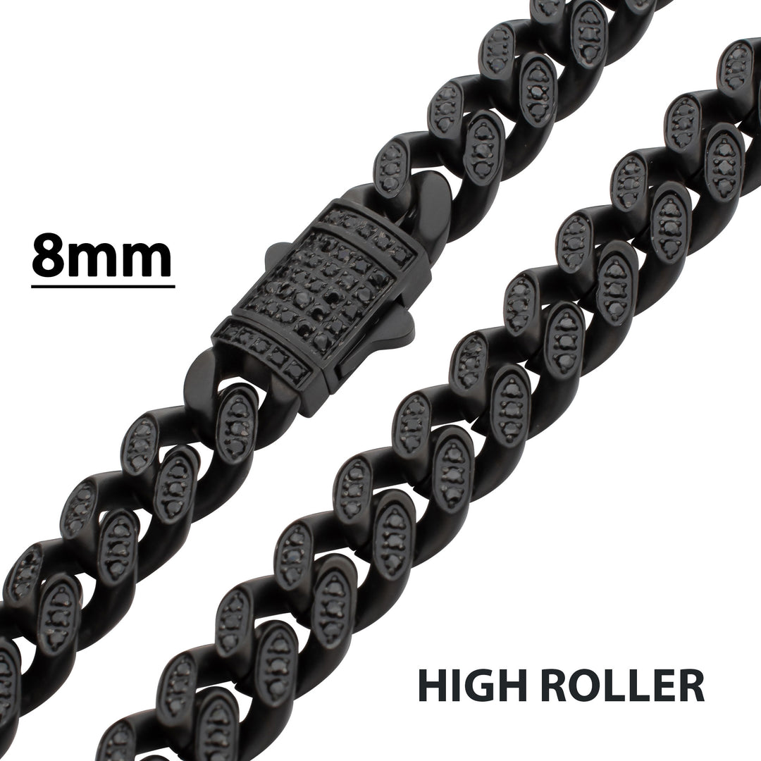 8mm Black IP Steel Miami Cuban Chain Necklace with 1mm CNC Set Black Spinel