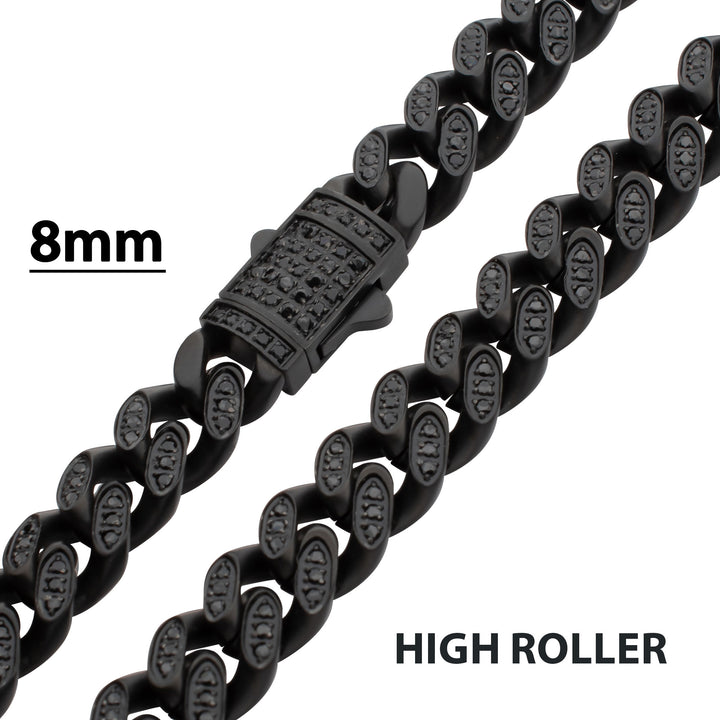 8mm Black IP Steel Miami Cuban Chain Necklace with 1mm CNC Set Black Spinel