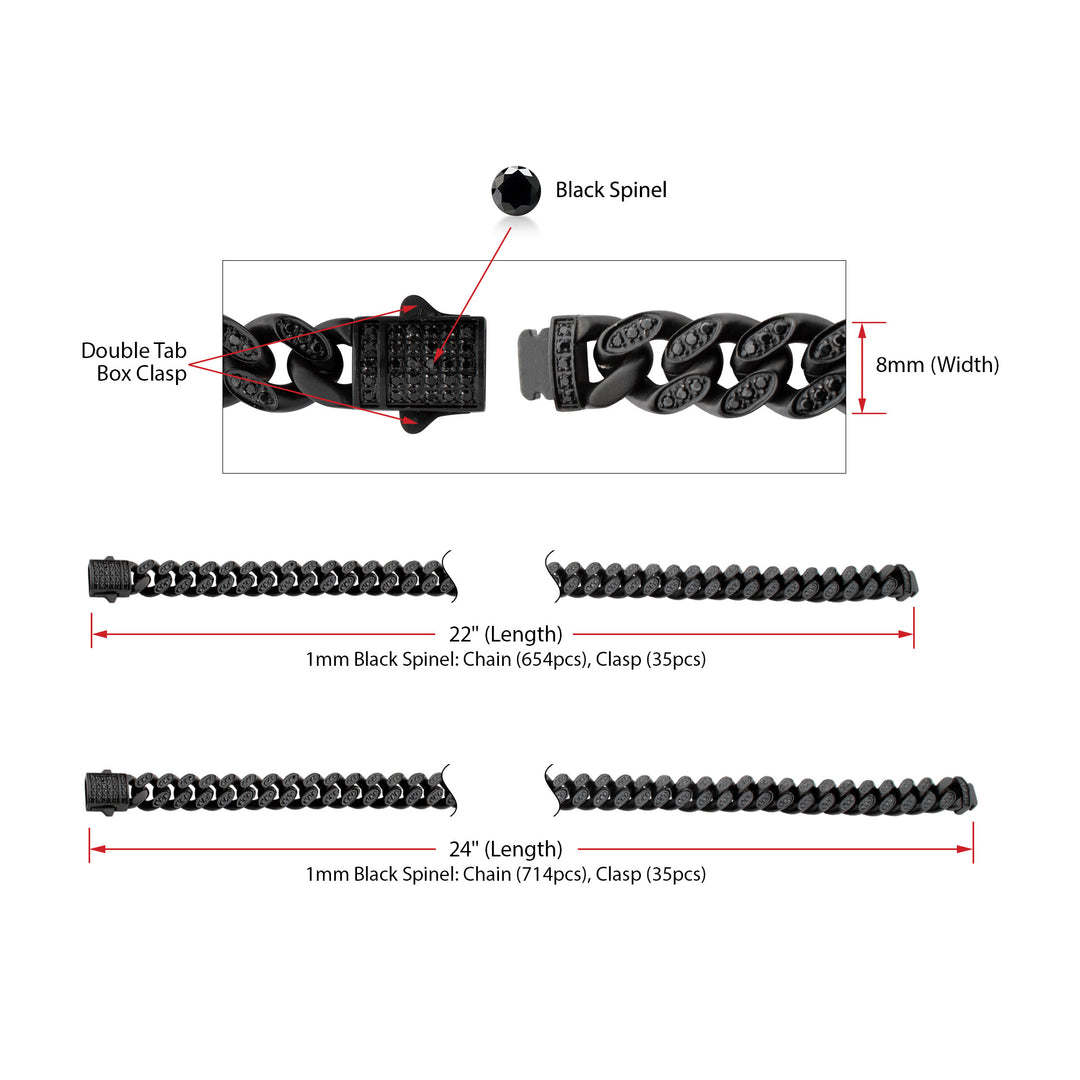 8mm Black IP Steel Miami Cuban Chain Necklace with 1mm CNC Set Black Spinel