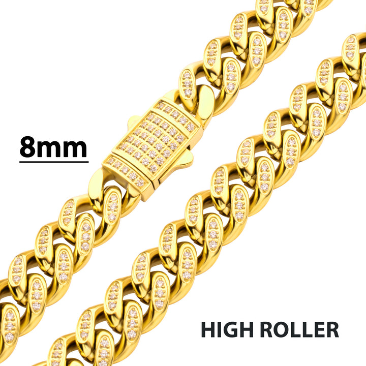 8mm 18Kt Gold IP Steel Miami Cuban Chain Necklace with 1mm CNC Set Clear Cubic Zirconia