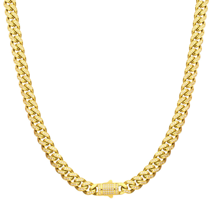 8mm 18Kt Gold IP Steel Miami Cuban Chain Necklace with 1mm CNC Set Clear Cubic Zirconia