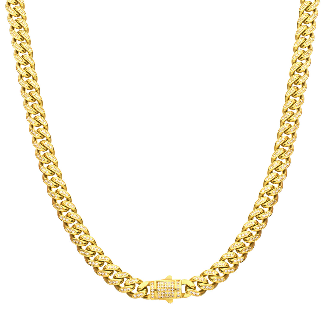 8mm 18Kt Gold IP Steel Miami Cuban Chain Necklace with 1mm CNC Set Clear Cubic Zirconia