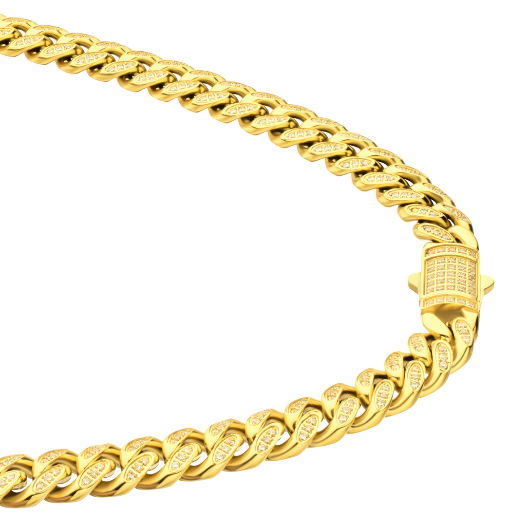 8mm 18Kt Gold IP Steel Miami Cuban Chain Necklace with 1mm CNC Set Clear Cubic Zirconia