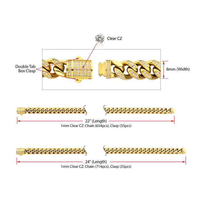 8mm 18Kt Gold IP Steel Miami Cuban Chain Necklace with 1mm CNC Set Clear Cubic Zirconia