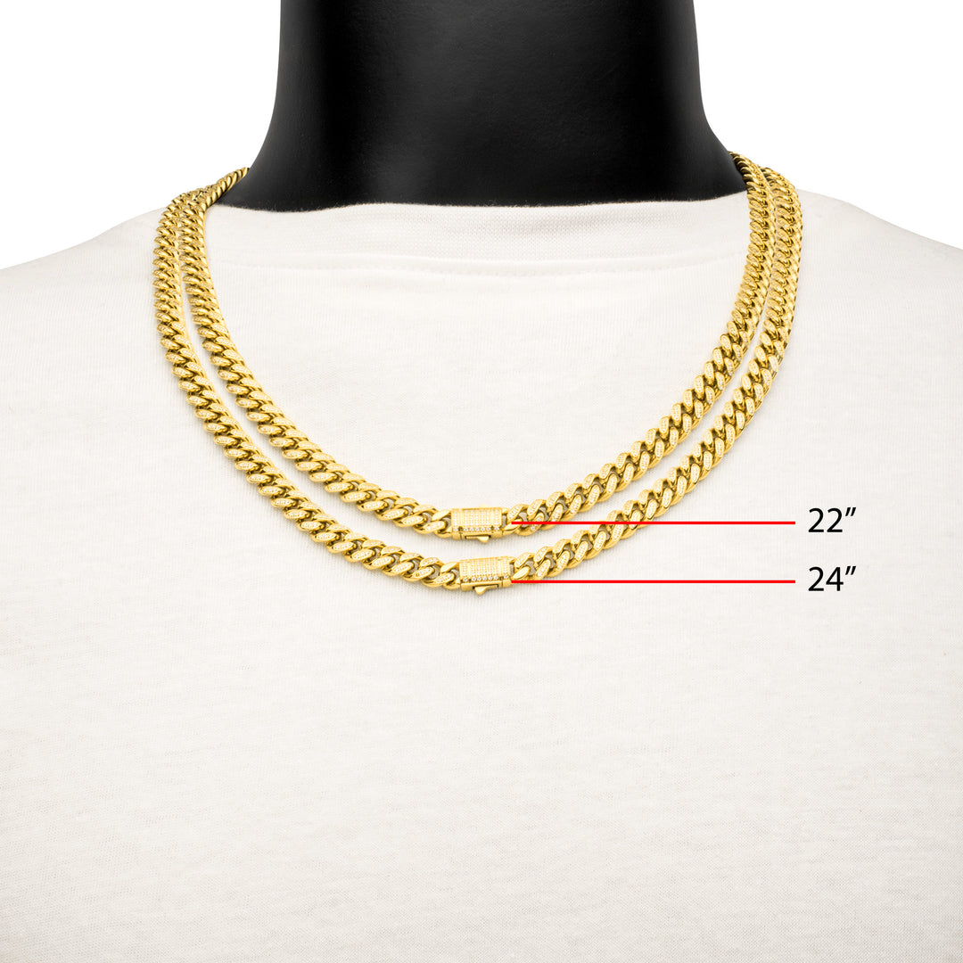 8mm 18Kt Gold IP Steel Miami Cuban Chain Necklace with 1mm CNC Set Clear Cubic Zirconia