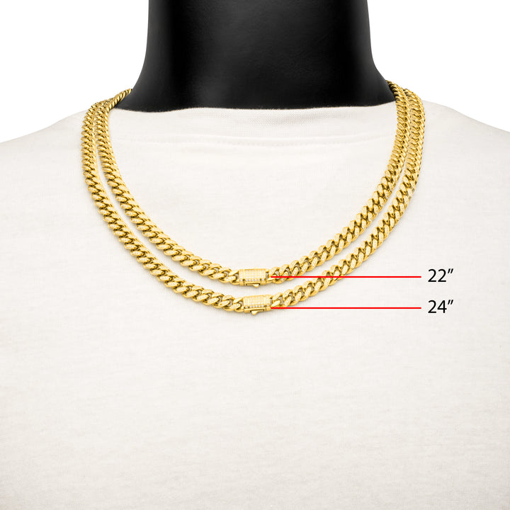 8mm 18Kt Gold IP Steel Miami Cuban Chain Necklace with 1mm CNC Set Clear Cubic Zirconia