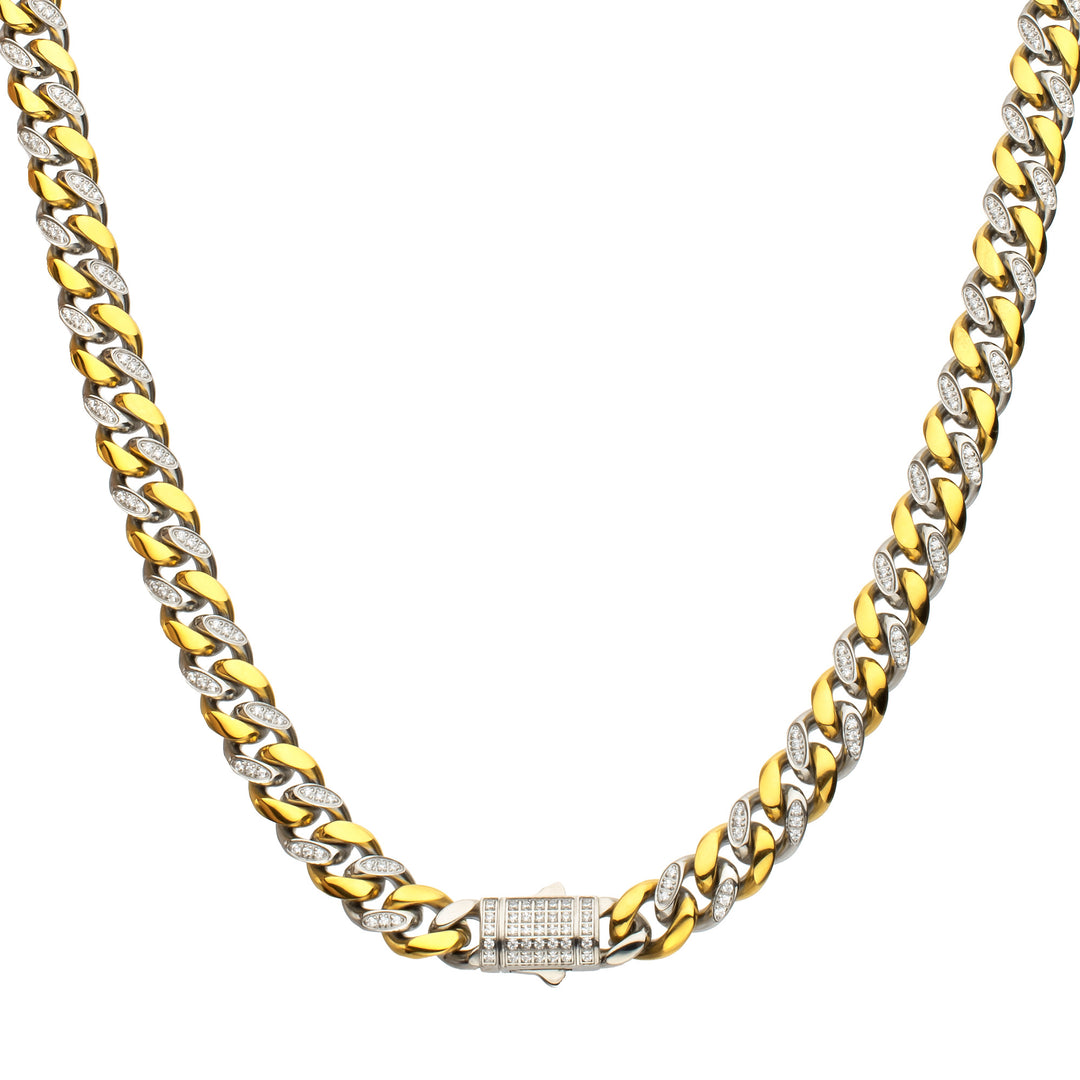 18Kt Gold IP Steel Miami Cuban Chain Necklace with 1mm CNC Set Clear Cubic Zirconia