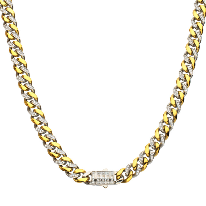 18Kt Gold IP Steel Miami Cuban Chain Necklace with 1mm CNC Set Clear Cubic Zirconia
