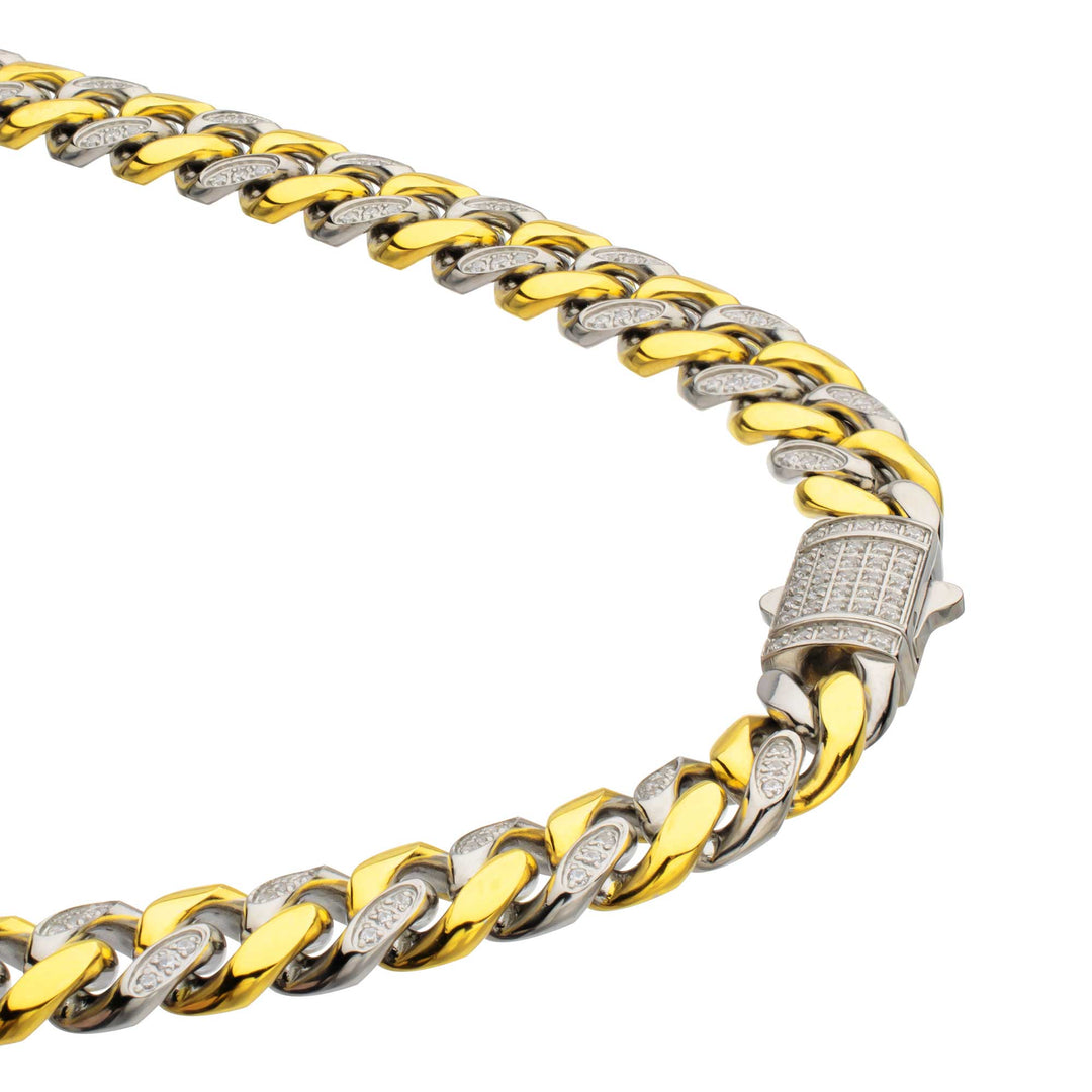 18Kt Gold IP Steel Miami Cuban Chain Necklace with 1mm CNC Set Clear Cubic Zirconia