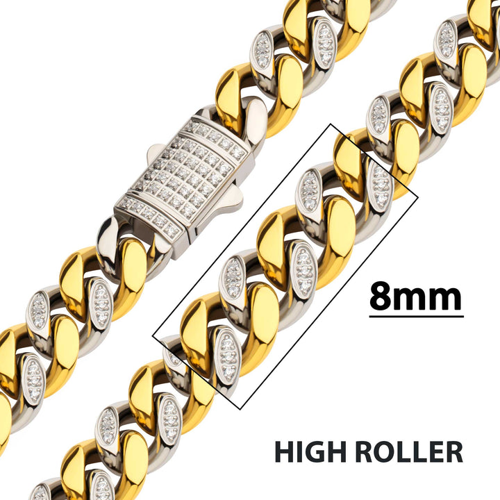 18Kt Gold IP Steel Miami Cuban Chain Necklace with 1mm CNC Set Clear Cubic Zirconia