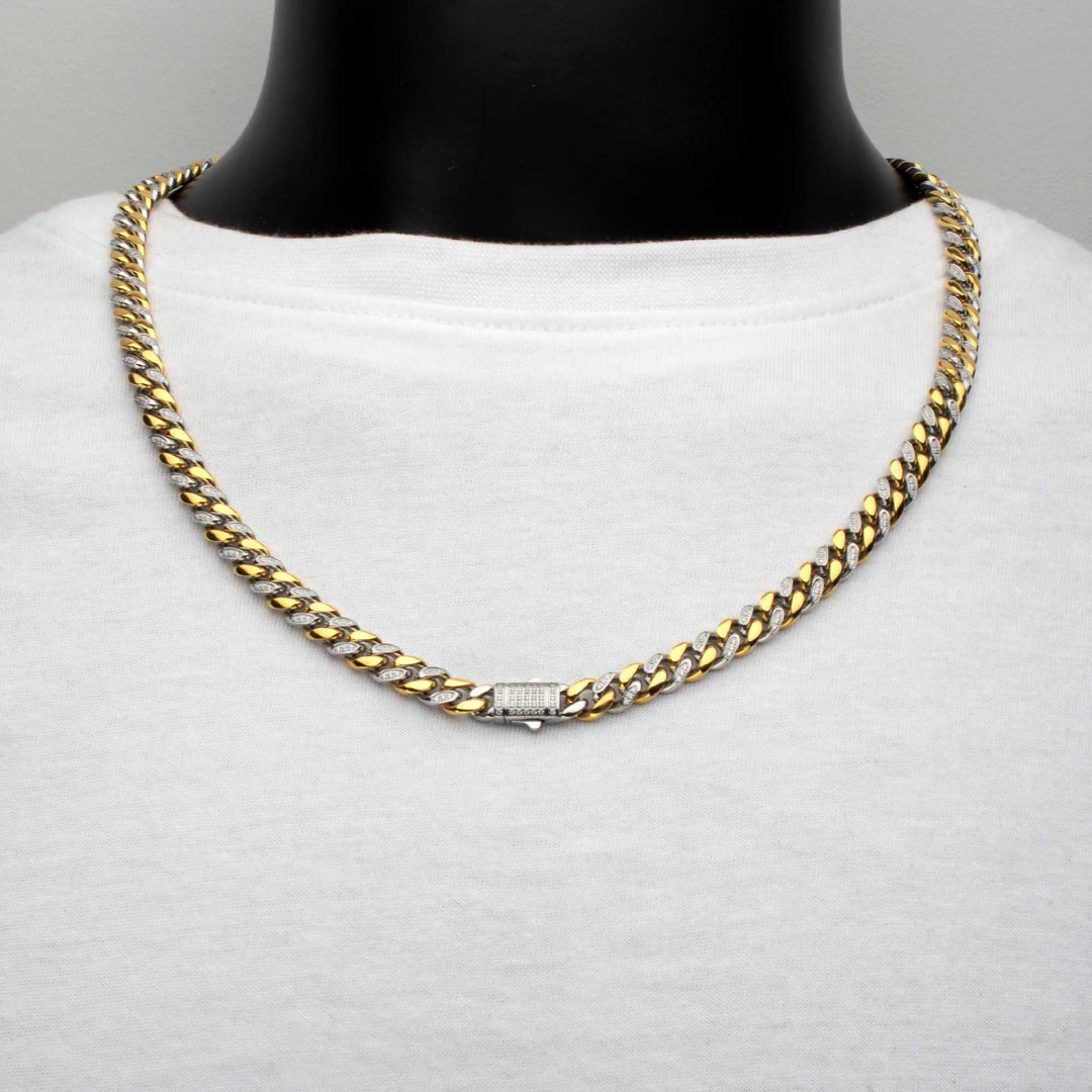 18Kt Gold IP Steel Miami Cuban Chain Necklace with 1mm CNC Set Clear Cubic Zirconia