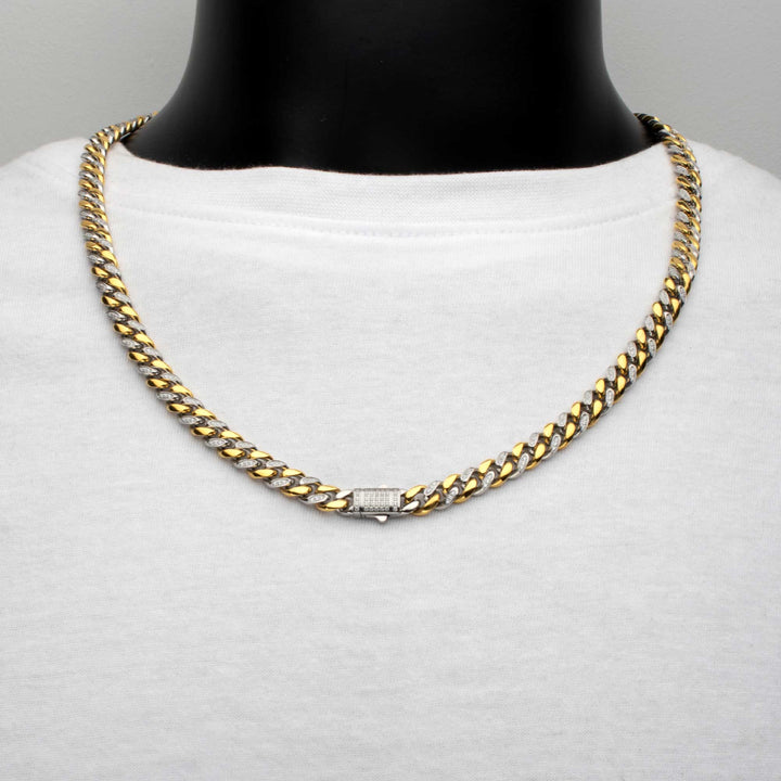 18Kt Gold IP Steel Miami Cuban Chain Necklace with 1mm CNC Set Clear Cubic Zirconia