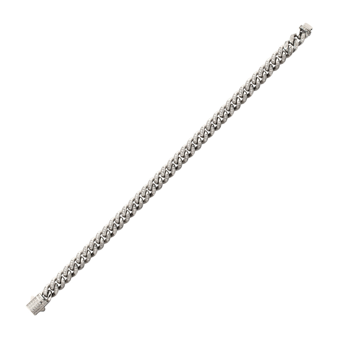 8mm Stainless Steel Miami Cuban Chain Bracelet with 1mm CNC Set Clear Cubic Zirconia