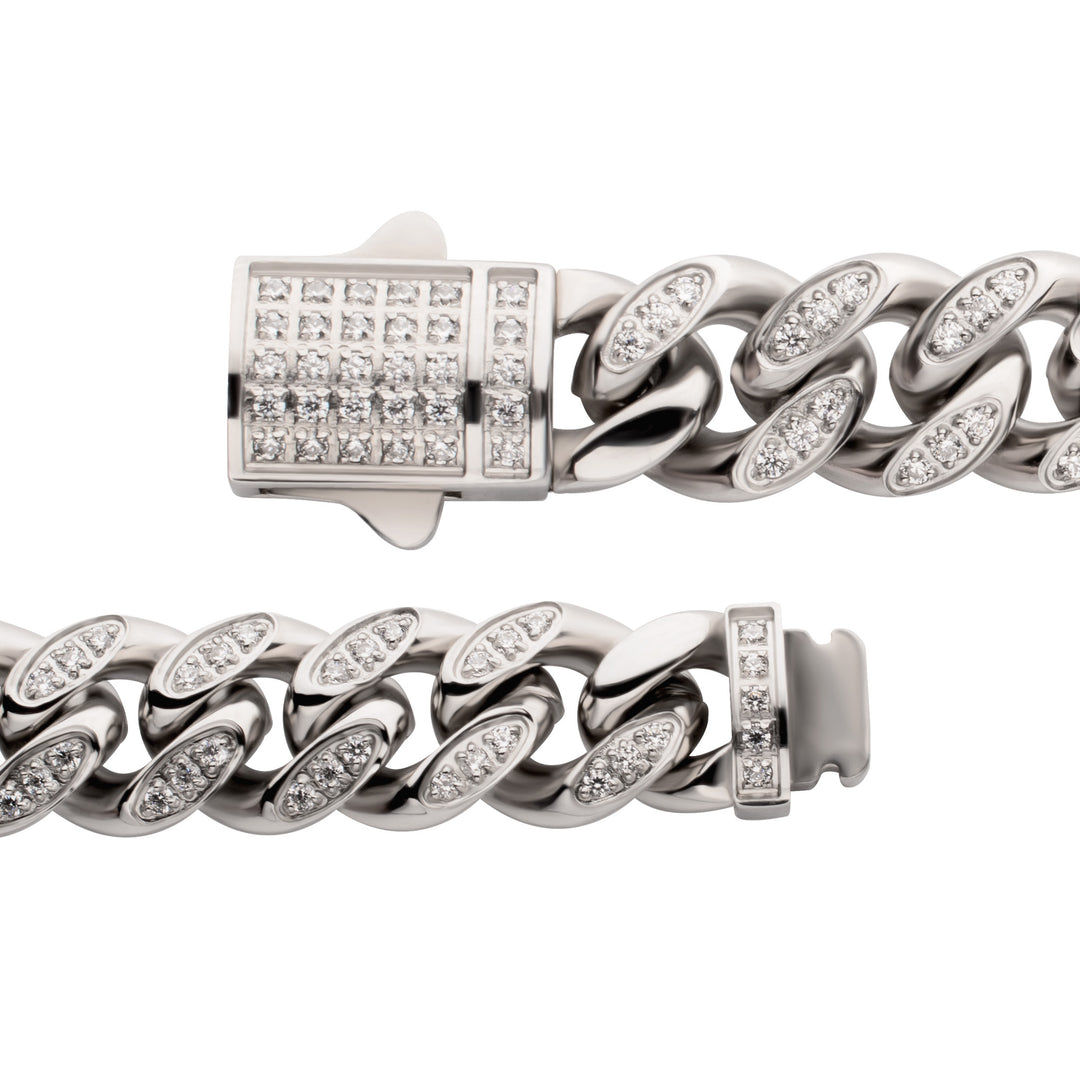 8mm Stainless Steel Miami Cuban Chain Bracelet with 1mm CNC Set Clear Cubic Zirconia