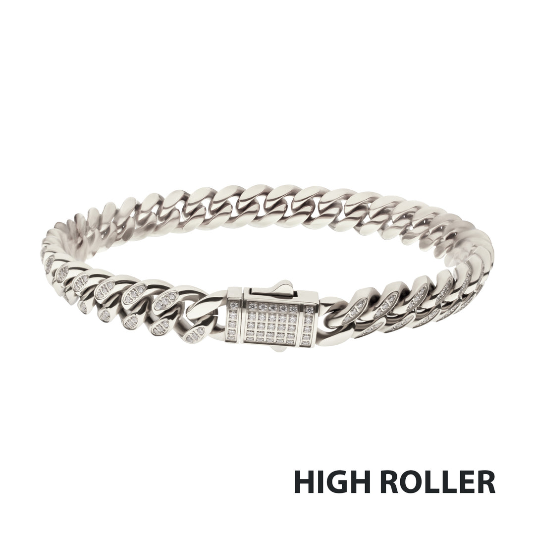8mm Stainless Steel Miami Cuban Chain Bracelet with 1mm CNC Set Clear Cubic Zirconia