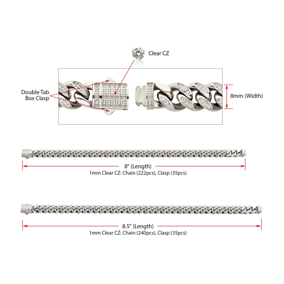 8mm Stainless Steel Miami Cuban Chain Bracelet with 1mm CNC Set Clear Cubic Zirconia