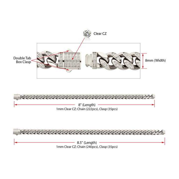 8mm Stainless Steel Miami Cuban Chain Bracelet with 1mm CNC Set Clear Cubic Zirconia