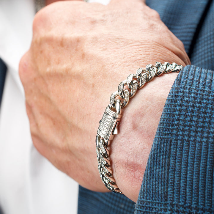 8mm Stainless Steel Miami Cuban Chain Bracelet with 1mm CNC Set Clear Cubic Zirconia