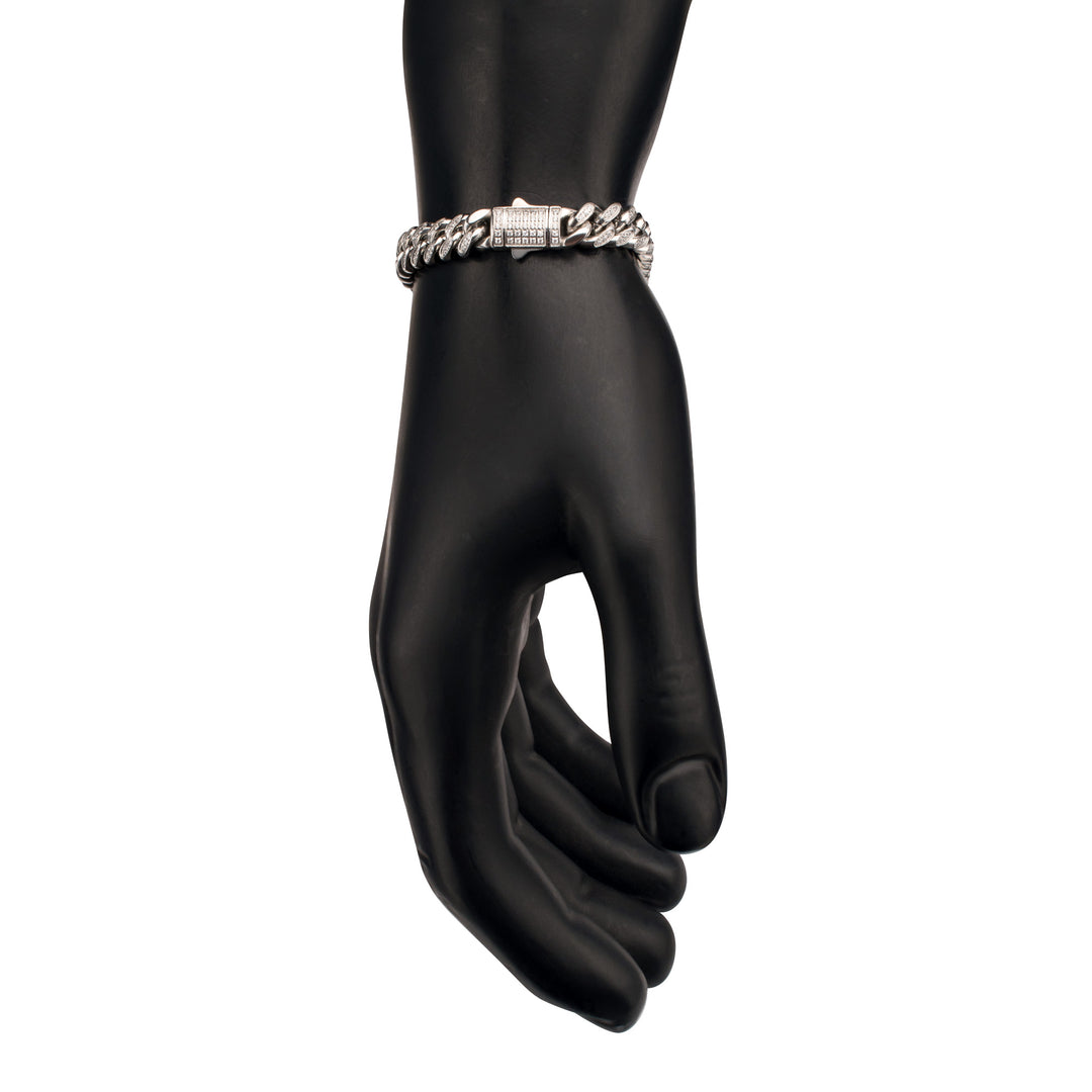 8mm Stainless Steel Miami Cuban Chain Bracelet with 1mm CNC Set Clear Cubic Zirconia