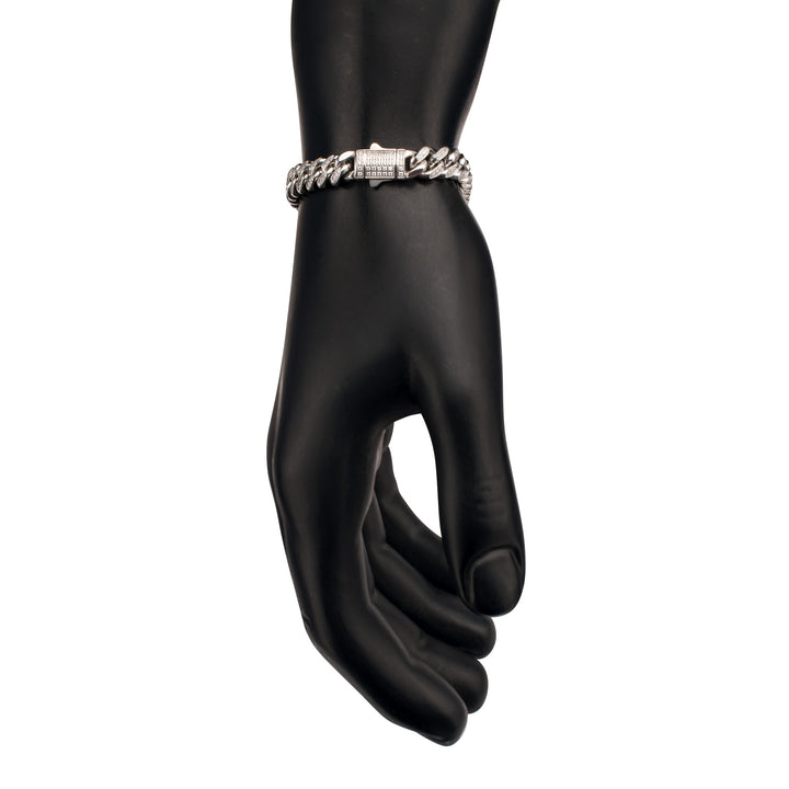 8mm Stainless Steel Miami Cuban Chain Bracelet with 1mm CNC Set Clear Cubic Zirconia