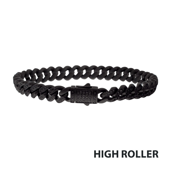 8mm Black IP Steel Miami Cuban Chain Bracelet with 1mm CNC Set Black Spinel