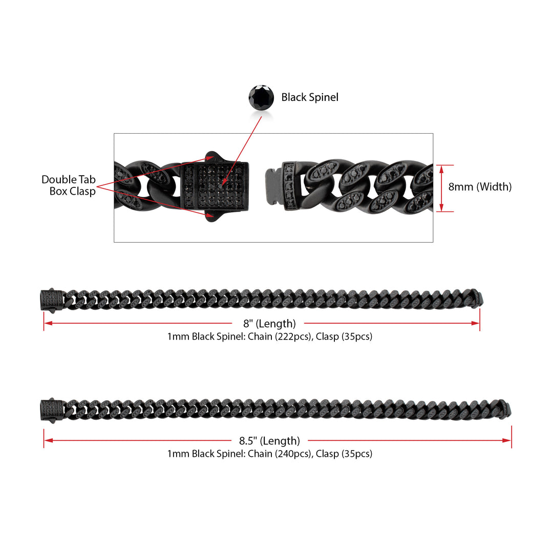 8mm Black IP Steel Miami Cuban Chain Bracelet with 1mm CNC Set Black Spinel