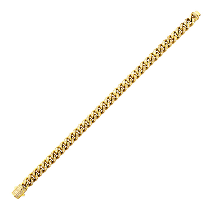 8mm 18Kt Gold IP Steel Miami Cuban Chain Bracelet with 1mm CNC Set Clear Cubic Zirconia
