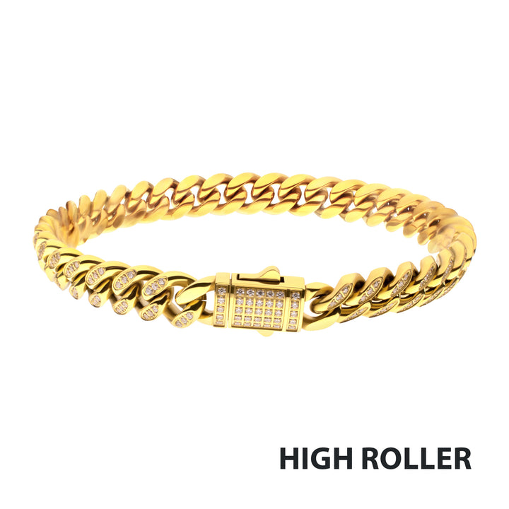 8mm 18Kt Gold IP Steel Miami Cuban Chain Bracelet with 1mm CNC Set Clear Cubic Zirconia