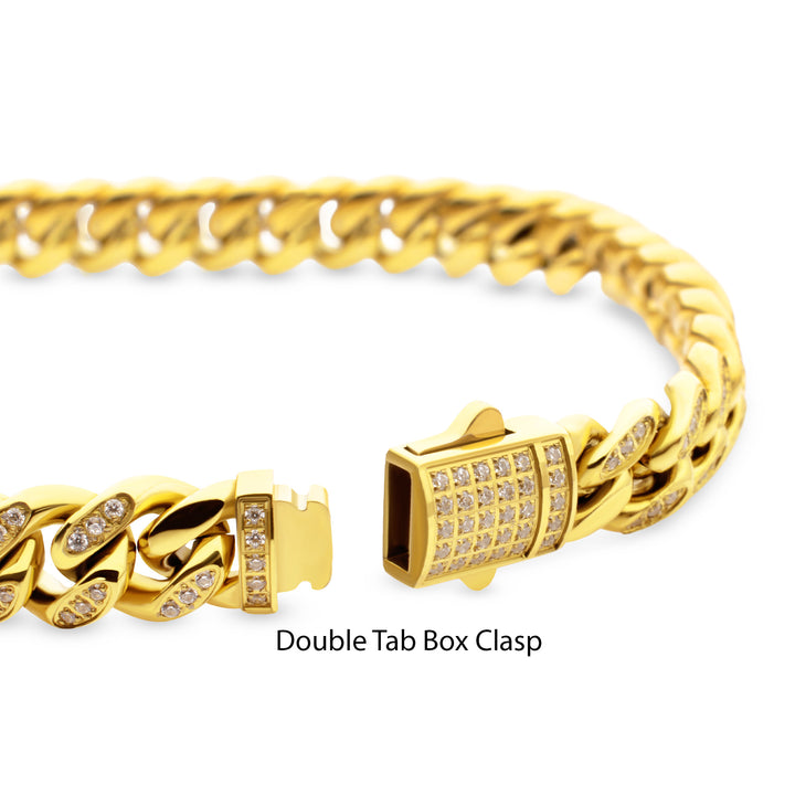 8mm 18Kt Gold IP Steel Miami Cuban Chain Bracelet with 1mm CNC Set Clear Cubic Zirconia