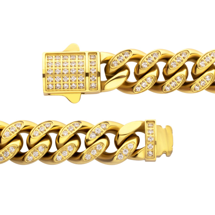 8mm 18Kt Gold IP Steel Miami Cuban Chain Bracelet with 1mm CNC Set Clear Cubic Zirconia