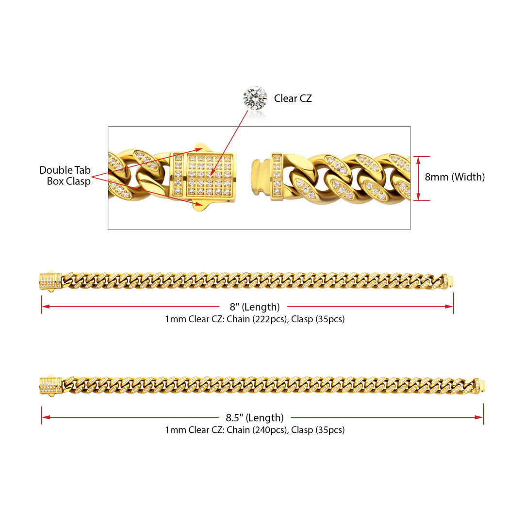 8mm 18Kt Gold IP Steel Miami Cuban Chain Bracelet with 1mm CNC Set Clear Cubic Zirconia