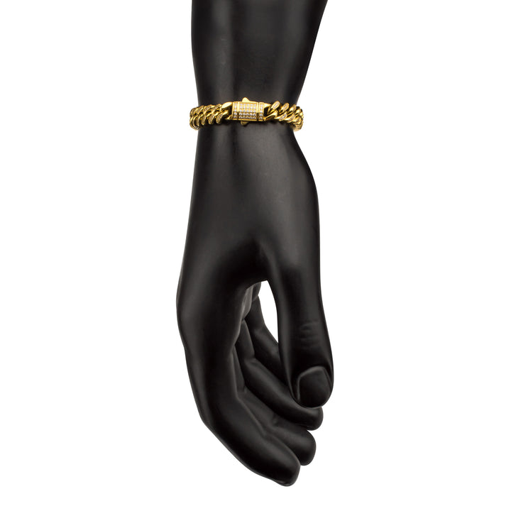 8mm 18Kt Gold IP Steel Miami Cuban Chain Bracelet with 1mm CNC Set Clear Cubic Zirconia