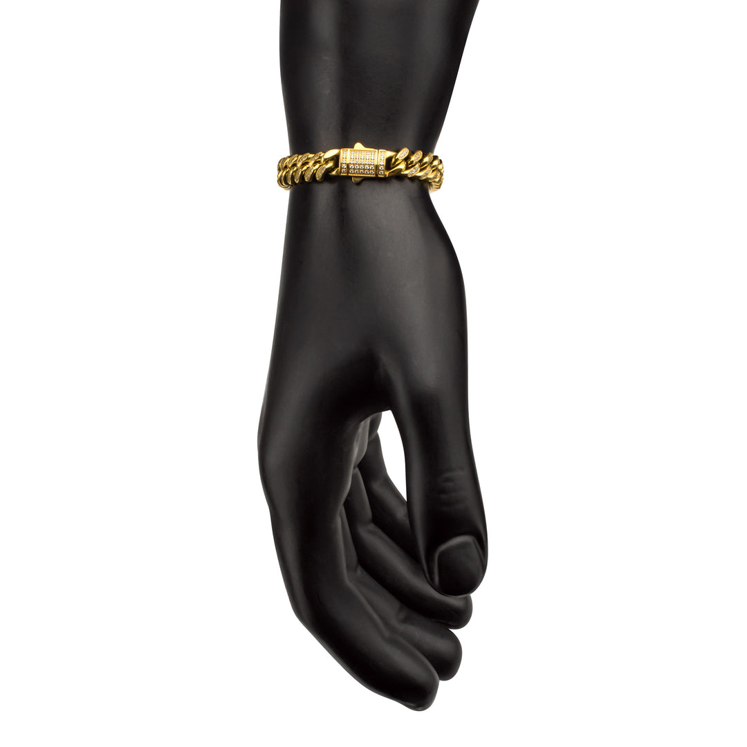 8mm 18Kt Gold IP Steel Miami Cuban Chain Bracelet with 1mm CNC Set Clear Cubic Zirconia