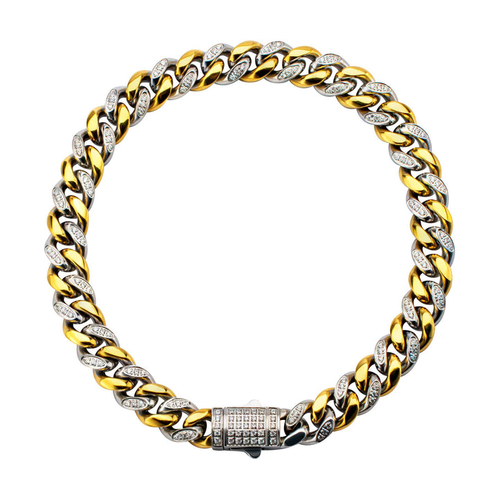 18Kt Gold IP Steel Miami Cuban Chain Bracelet with 1mm CNC Set Clear Cubic Zirconia