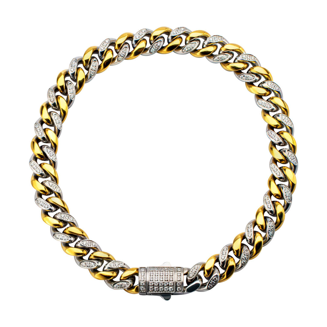 18Kt Gold IP Steel Miami Cuban Chain Bracelet with 1mm CNC Set Clear Cubic Zirconia
